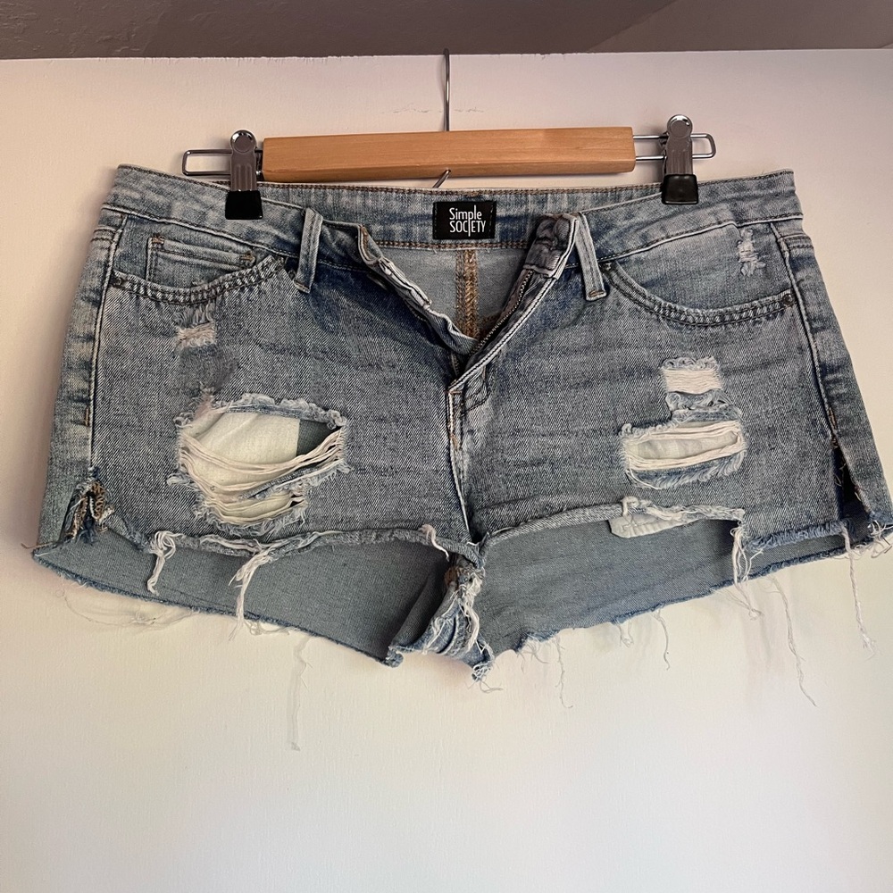 Distressed Denim Booty Shorts - Light Blue